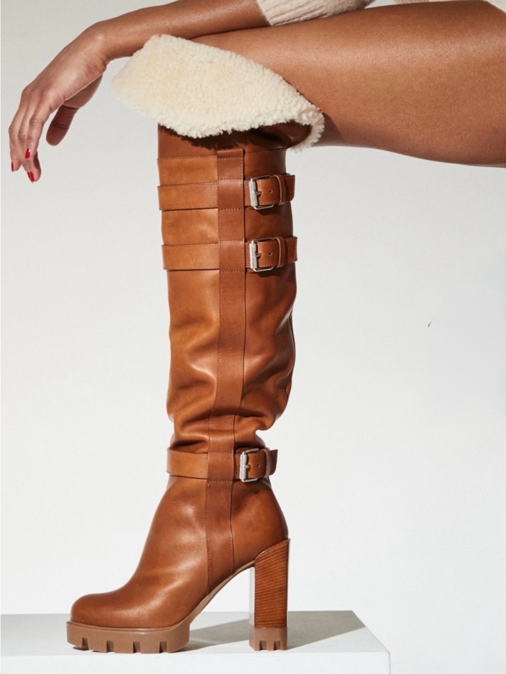 Christian Louboutin Terra Brodeback Lug Shearling Over The Knee Buckle Boots 42
